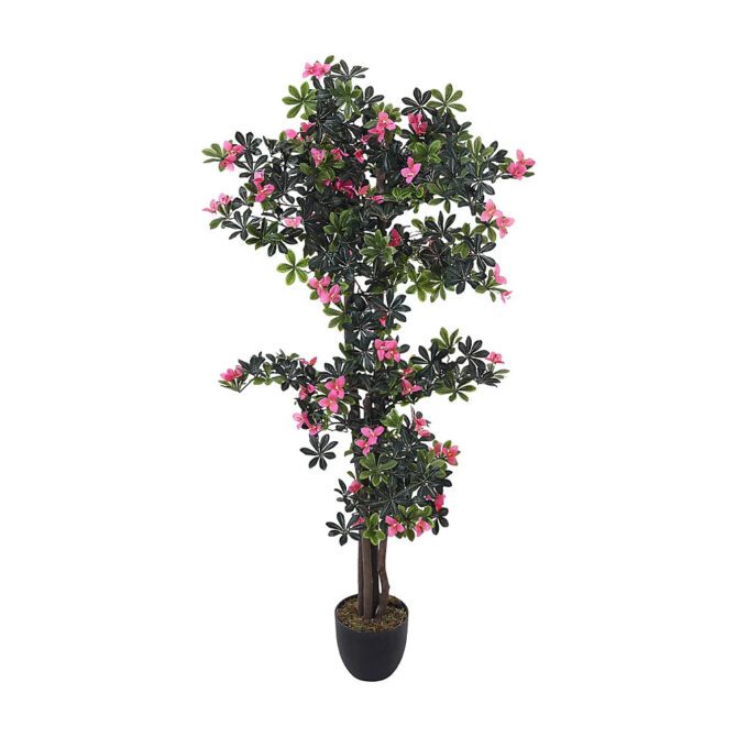 Artificial Bougainvillea Decorative Plant in Planter Garden Lifelike Faux Plants with Wood Trunk and Pink Flowers