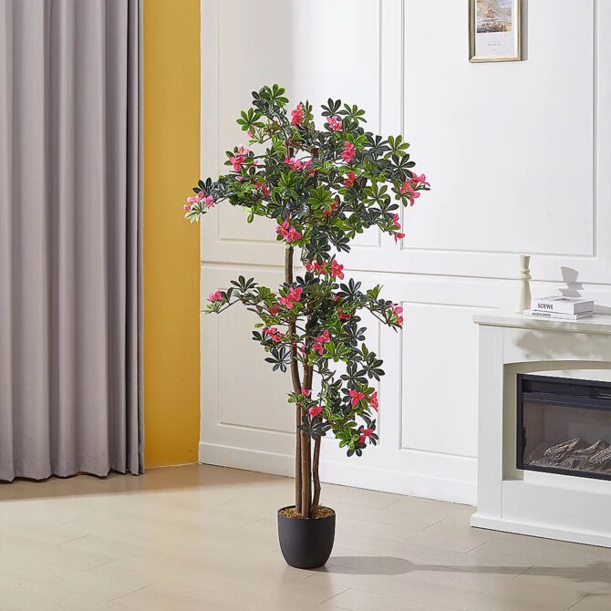 Artificial Bougainvillea Decorative Plant in Planter Garden Lifelike Faux Plants with Wood Trunk and Pink Flowers