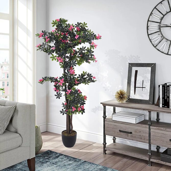 Artificial Bougainvillea Decorative Plant in Planter Garden Lifelike Faux Plants with Wood Trunk and Pink Flowers